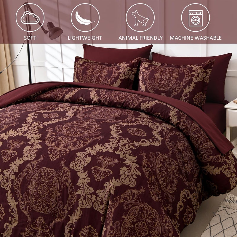 WONGS BEDDING Burgundy Comforter Set King Size  Maroon Damask Texture 7 Pieces Bed in a Bag Polyester Comforter Bedding Sets -1 Comforter  1 Flat Sheet  1 Fitted Sheet  2 Pillow Shams 2 Pillowcases - Image 4